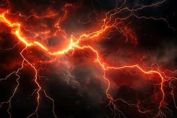 Fiery orange lightning bolts crack across dark stormy sky