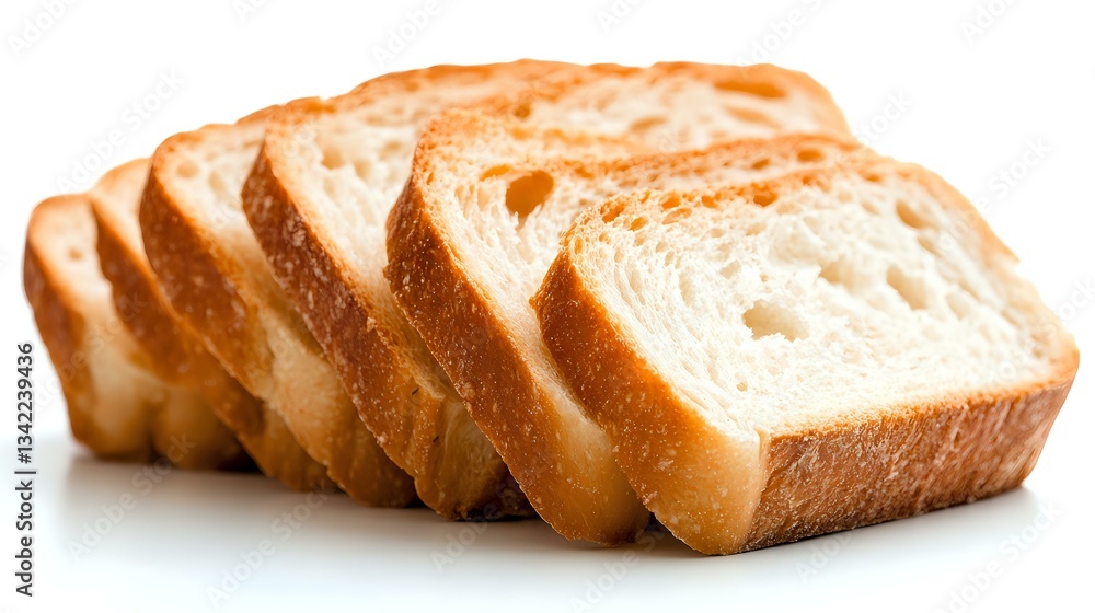 Poster fresh sliced white bread arranged in row showing soft texture and golden crust on white background, 