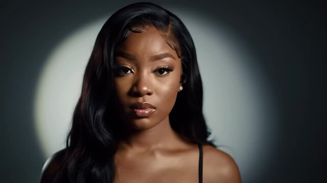 A young black woman poses confidently, showing off her beautiful features in soft lighting. Her expressive look and hairstyle create an attractive atmosphere, emphasizing the expressiveness of her fac