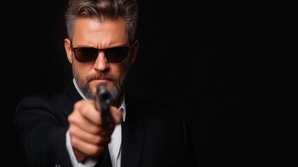 Fototapeta premium Mysterious Man in Suit, Hat, and Sunglasses Against a Dark Blue Background