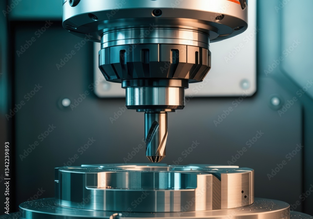 Poster precision cnc machine tool cutting metal part in a modern workshop