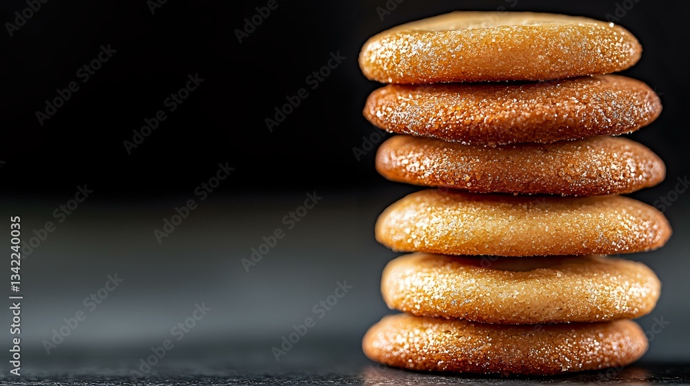 Poster stack of golden brown macarons or cookies with sparkly sugar coating against dark background, macro 