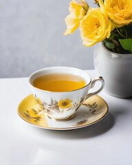 Yellow teacup on a white background, photography, design, minimalism, relaxation, well-being, illustration