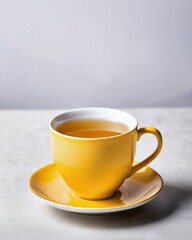 Yellow teacup on a white background, photography, design, minimalism, relaxation, well-being, illustration