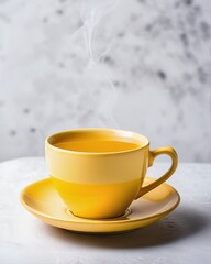 Yellow teacup on a white background, photography, design, minimalism, relaxation, well-being, illustration