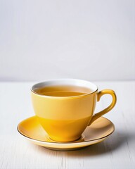 Yellow teacup on a white background, photography, design, minimalism, relaxation, well-being, illustration