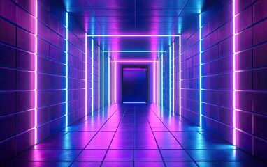 Neon-lit corridor with vibrant purple and blue lights.  Detailed  3D rendering