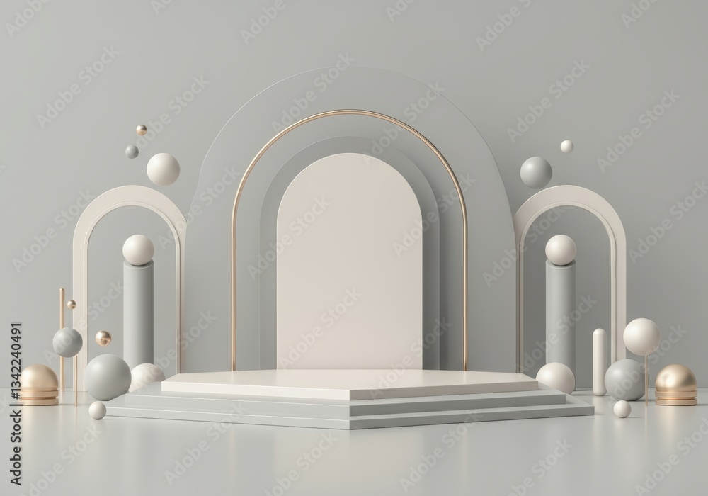 Poster modern geometric display with arches and spheres in a minimalist setting