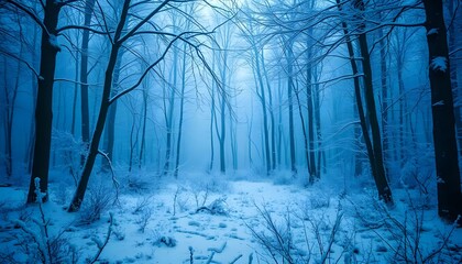 Frostbitten forest bathed in pale blue light, snow clinging to branches, sparkling ice crystals decorating the ground, chilly yet beautiful, ultra-realistic, 8K resolution.
