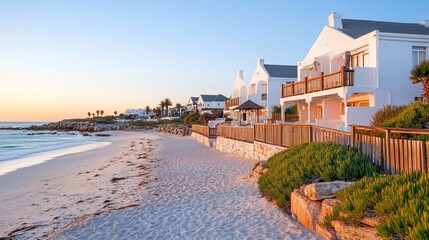 Coastal beach houses at sunrise