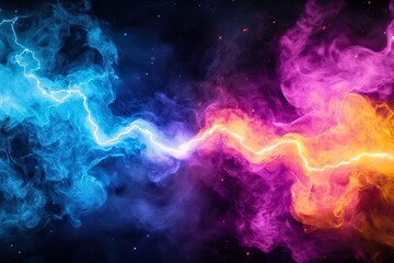 Clashing cosmic energy; blue and pink nebulae with lightning