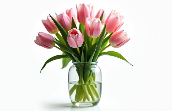 Bunch of pink tulip flowers in vase against white background. Floral bouquet with many open blooms. Spring festive holiday decor present for anniversary, symbolic freshness. Romance love concept.