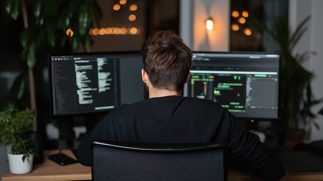 A man is sitting in front of two computer monitors, one of which is displaying a program. The man is focused on his work, possibly coding or programming. The room is well-lit