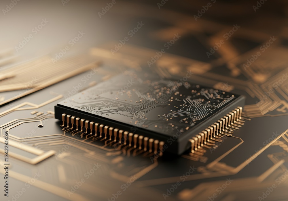 Poster close-up of a microchip on a circuit board showcasing intricate details