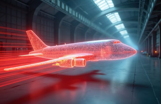 Polygonal airplane model wind tunnel simulation visualizes airflow patterns, airplane design in digital environment. Aerodynamic testing of prototype using computational fluid dynamics analysis,