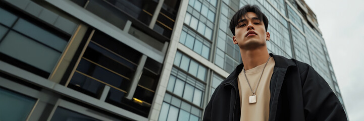 A man wearing a necklace and a black jacket stands in front of a building. The building is tall and has many windows. The man's expression is serious and focused