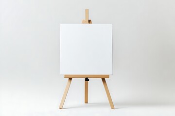 A blank white canvas on a wooden easel against a white background