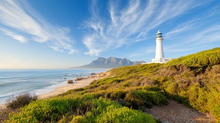 Coastal lighthouse under a vibrant sky, overlooking ocean and mountains