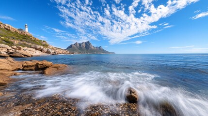 Obraz premium Coastal scene with lighthouse, mountains, and ocean waves