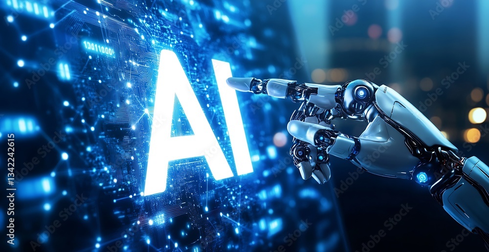 Poster futuristic robotic hand touching glowing ai letters in a digital landscape : generative ai
