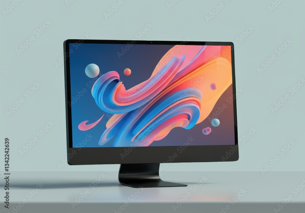 Poster modern computer monitor mockup with vibrant abstract design