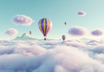 Fototapeta premium Colorful hot air balloons floating above fluffy clouds in a serene sky