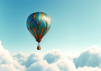 Fototapeta premium Colorful hot air balloon soaring above fluffy clouds in a clear blue sky