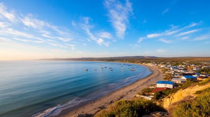 Coastal town nestled on sandy beach, boats at sea, under a vibrant sky
