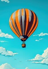 Obraz premium Colorful hot air balloon soaring through a bright blue sky with fluffy clouds