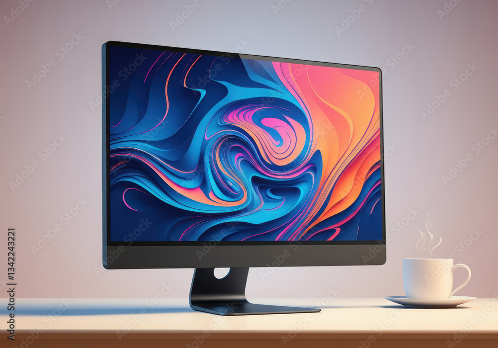 Poster modern computer monitor displaying vibrant abstract art on the screen