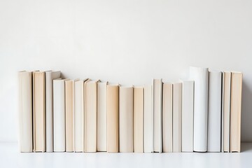 A row of beige and white books on a white shelf