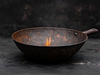 An old iron pan with flames and steam creating a scene