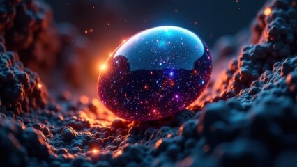 Black blue tech futuristic egg, science and technology, abstract, sunrise, plasma clot of energy, Glowing rays with flickering particles