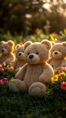 Fototapeta premium Soft and Cuddly Teddy Bears in a Blooming Meadow, Warm and Whimsical Vibes