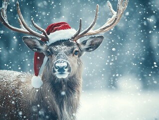 A majestic deer wearing a festive red hat during winter snowfall