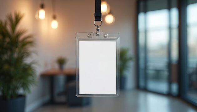 Blank white identification badge hangs on lanyard. Clear plastic card holder for name tag at event, meeting, conference, office. Mockup template on blurred background with lights. For corporate
