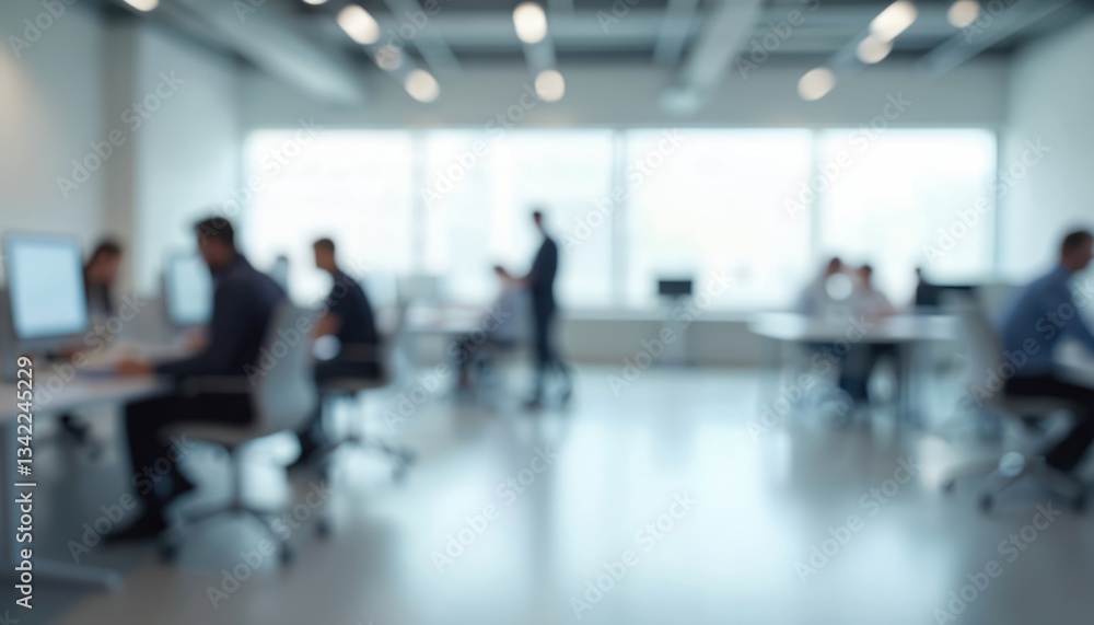 Poster blurred image of people in modern office. business workers sit and walk at tables with computers. co