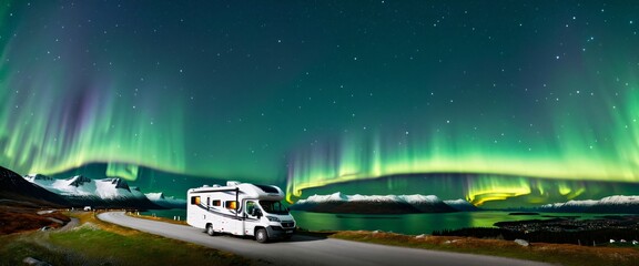 Obraz premium starry night sky in Norway, with a green glow beginning to illuminate the sky. RV Camping Northern Lights