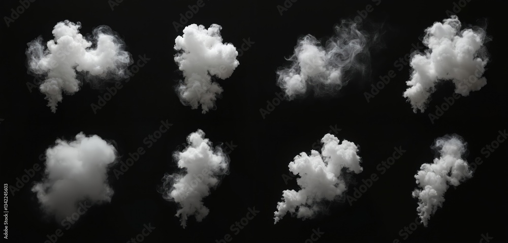 Poster set of isolated smoke clouds on black background. white fume with transparent effect for design over