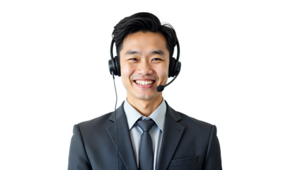 Smiling Asian professional in suit with headset for corporate, customer service, or tech visuals. Isolated on transparent background.