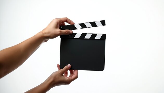 Hands hold black clapper board with white stripes. Film industry equipment on transparent background. Empty space for text, copy space, mock up. Film making production and show.