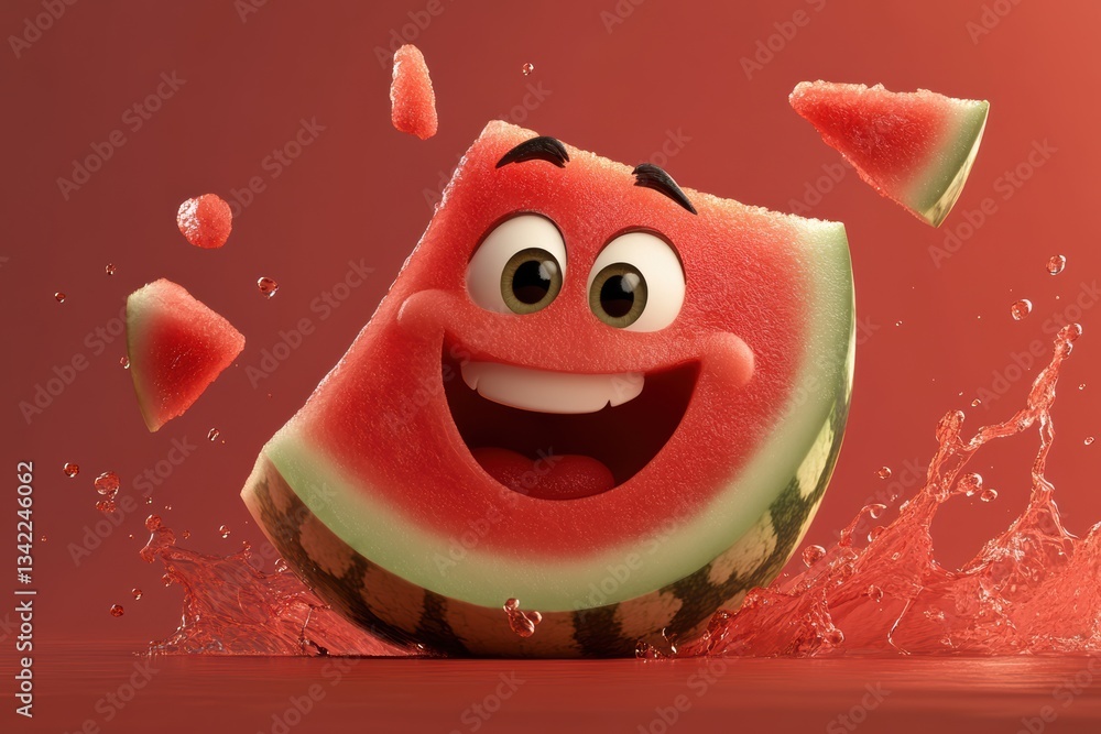 Poster cheerful watermelon slice with a joyful expression against a vibrant background generative ai