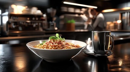 Close Up Of A Bowl Of Noodles With Metal Cup On Dark Counter In A Restaurant Kitchen Area