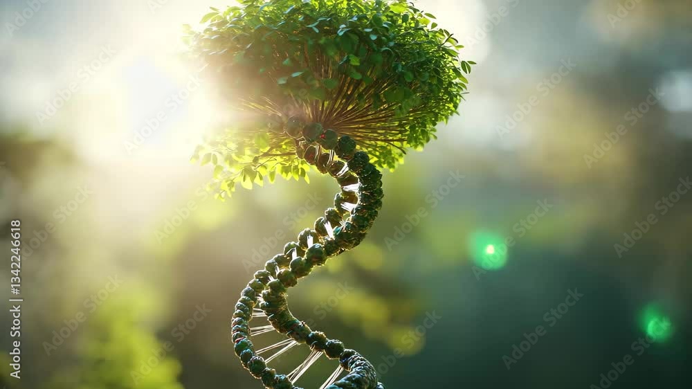 Poster dna helix seamlessly transforming into a lush tree under soft sunlight, dna helix transforming into 