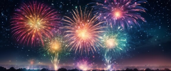 Fototapeta premium Dazzling display of fireworks bursting in a variety of colors against the night sky, symbolizing celebration festivity