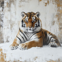 Fototapeta premium A realistic painting of a tiger lying calmly against a textured background.