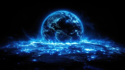 Glowing blue digital globe over a city at night. Futuristic, technological, and abstract image