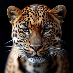 Fototapeta premium A close-up portrait of a leopard with intense, focused eyes against a dark background.
