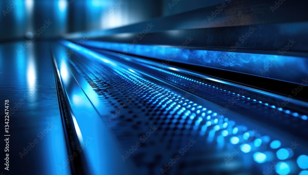 Poster abstract close-up of a metallic surface with glowing blue lines and perforated patterns. reflective 