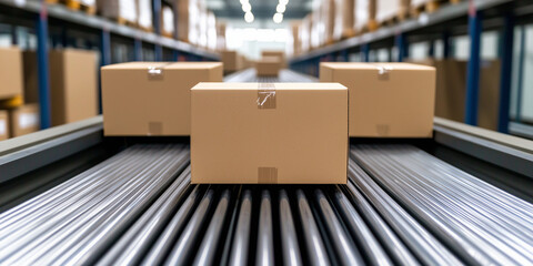 A close-up of cardboard boxes moving along a conveyor belt in a warehouse.